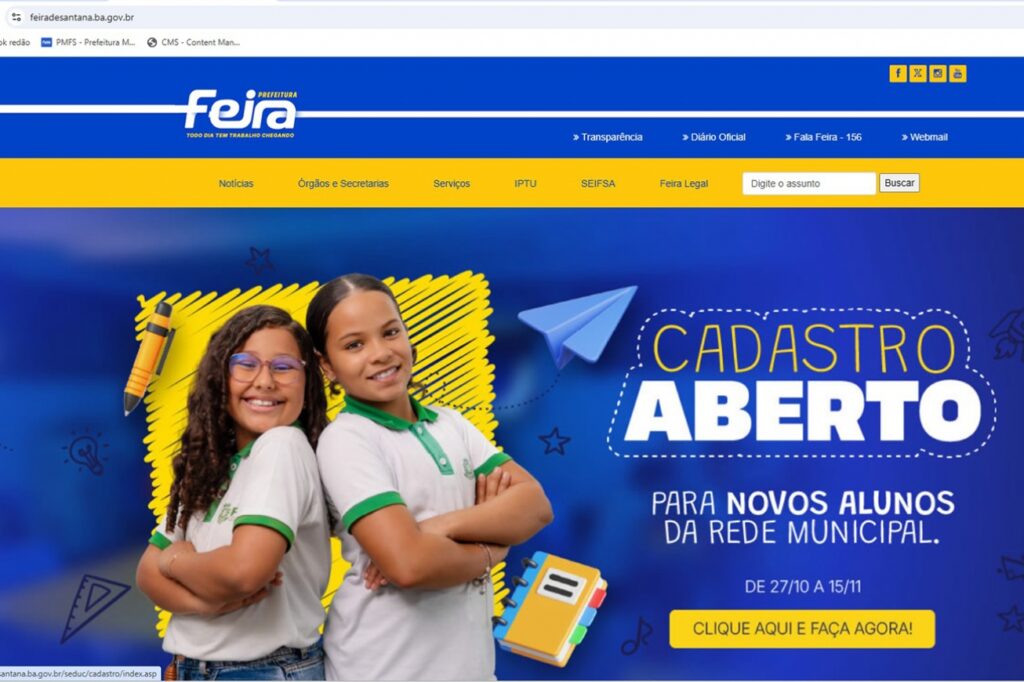 Feira de Santana abre cadastro de novos alunos online para o ano letivo de 2026