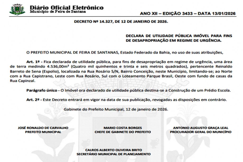 Prefeitura de Feira desapropria área de terra para construção de escola na Conceição