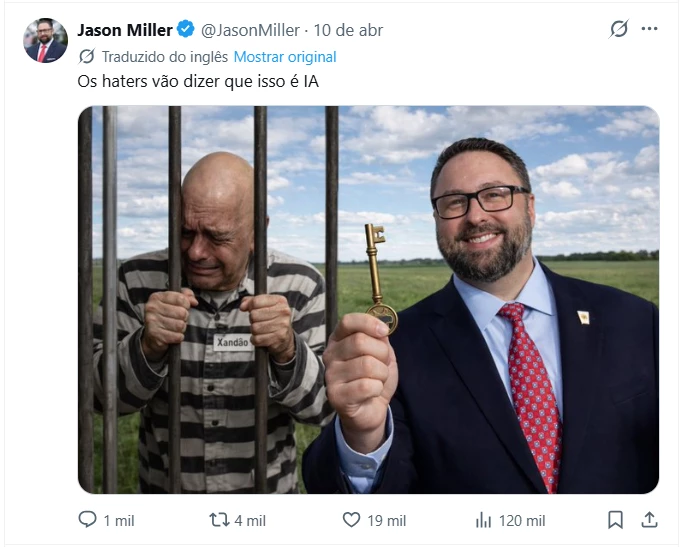 Conselheiro de Trump publica foto prendendo Moraes