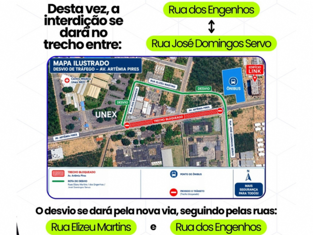 SMT informa nova interdição temporária na Avenida Artêmia Pires a partir desta terça-feira (6)